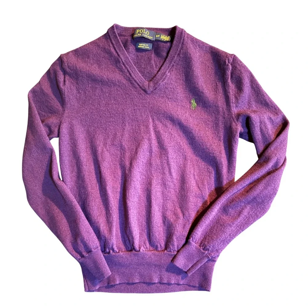 Polo Ralph Lauren Custom Fit V-Neck Sweater Mens S Purple Merino Wool Italian
